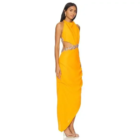 Rachel Gilbert Kylo Embellished Cutout Asymmetrical Yellow Maxi Dress Size 2 - Picture 2 of 9